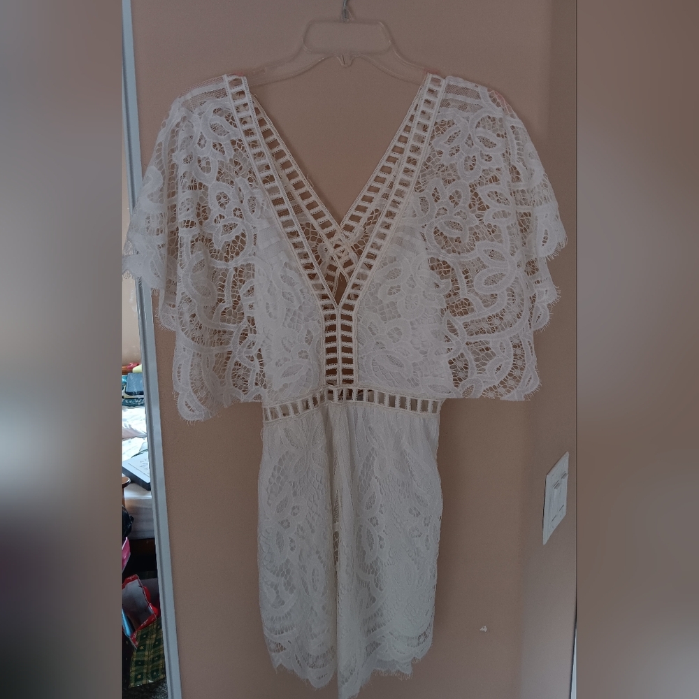 White Lace bathing suit cover or as blouse with Cape Sleeves and intricate lace.